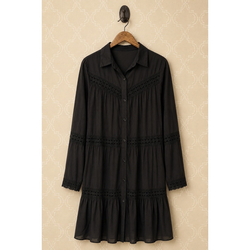 Boho Me Shirt Dress Black Crochet Lace Tiered Bell Sleeve Size S